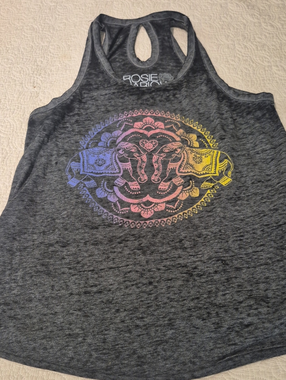 Charcoal Racerback Tank with Rainbow Elephant Mandala